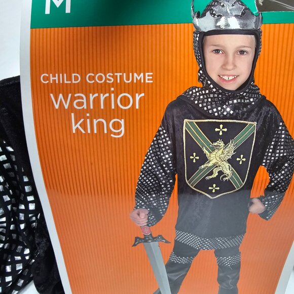 New Child Boy Costume Warrior King Knight Black Armor Silver Tunic Boot tops M - Picture 2 of 7